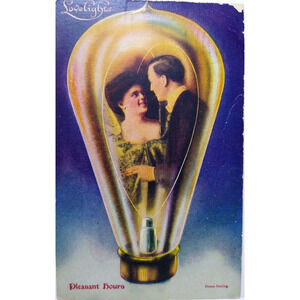 Victorian Couple Inside Light Bulb Fantasy Postcard Pleasant Lovelights 1909
